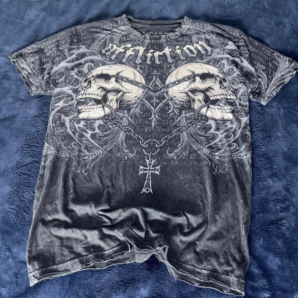 Affliction Skull Chain Cross T-Shirt Size M Black Cotton